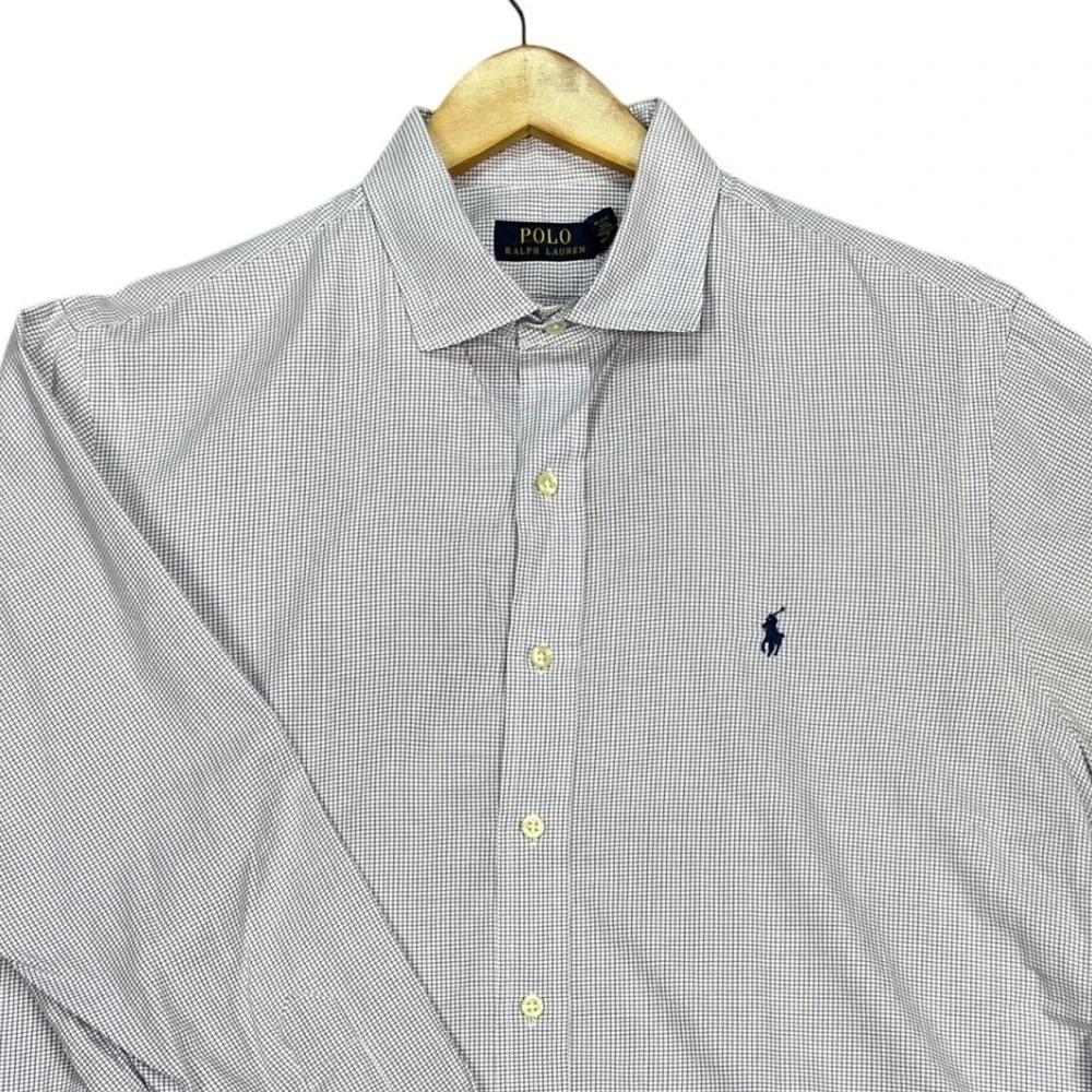 Polo Ralph Lauren Button Down Shirt Mens 16.5 32-33 Purple White Grid Check PONY
